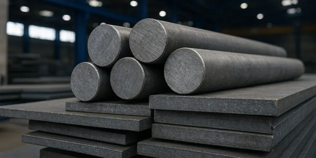 Stack of raw carbon steel plates and round bars with a rough, industrial surface in a warehouse setting