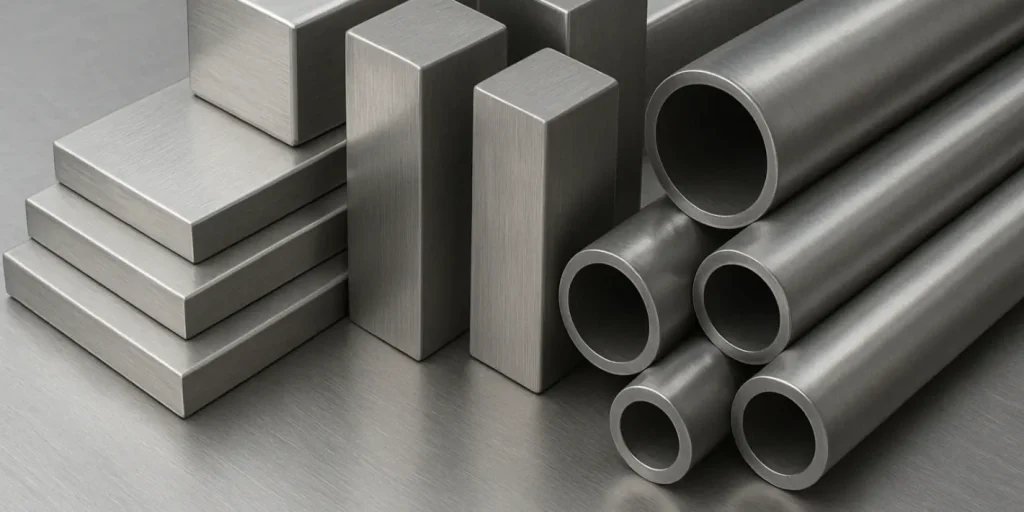 Neatly arranged raw stainless steel stock including bars, tubes, and plates with a clean brushed finish.
