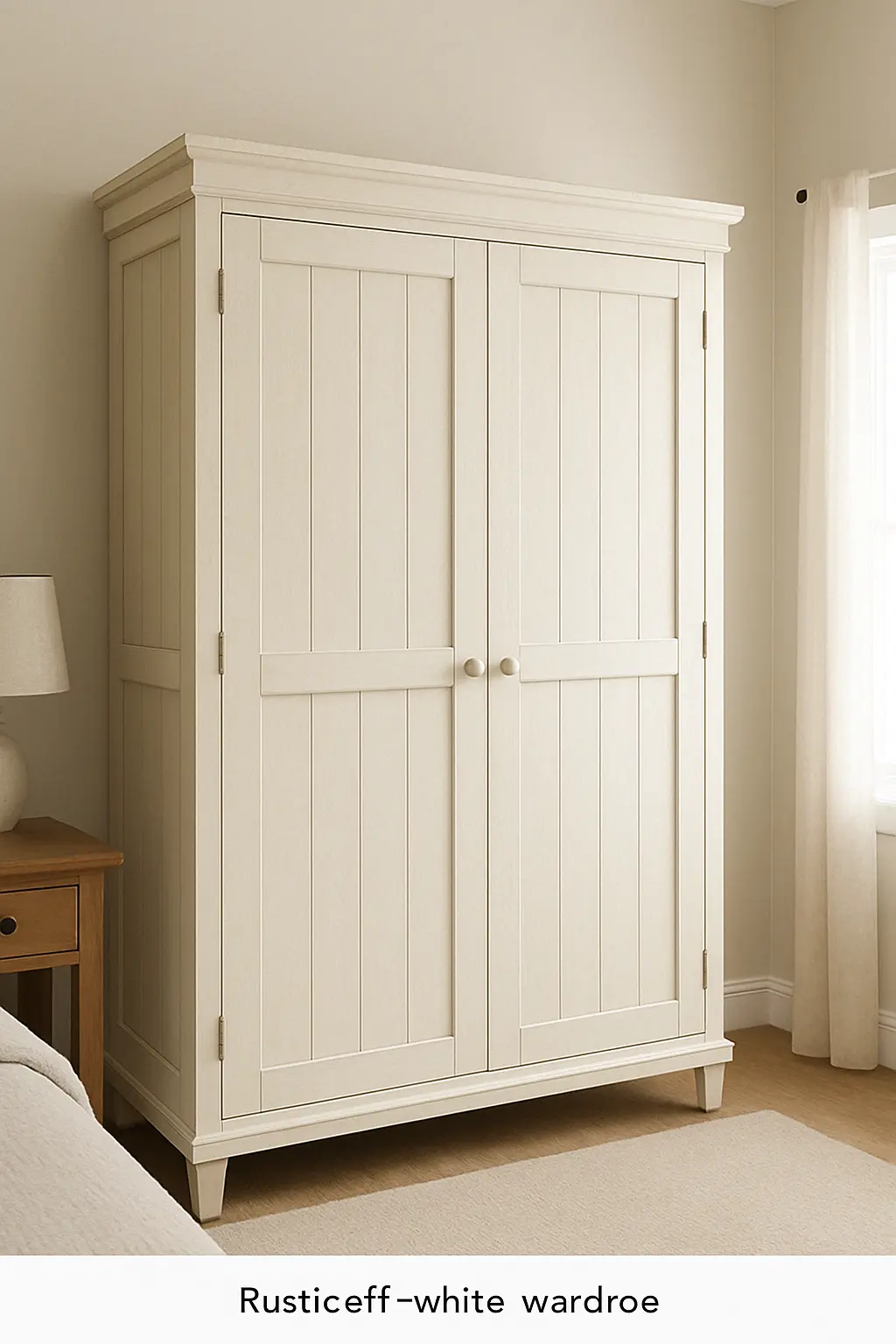 Off-white rustic wardrobe with shiplap doors and simple knobs in a warm farmhouse bedroom.