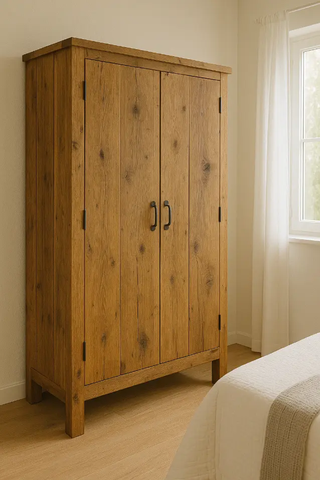 Rustic cupboard made from reclaimed wood with dark metal handles in a cozy farmhouse bedroom.