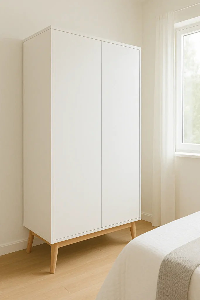 White Scandinavian wardrobe with angled wood legs in a bright, minimalist bedroom.