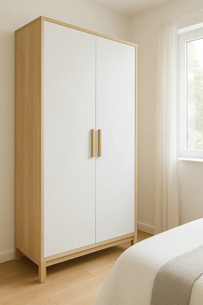 Light wood and white wardrobe with simple handles in a bright Scandinavian bedroom.