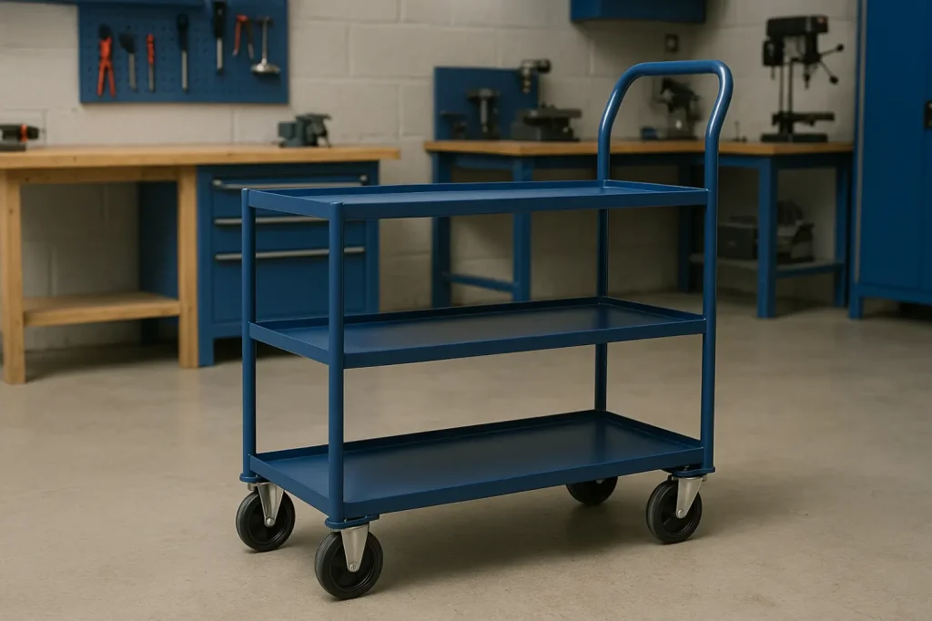 A three-tier industrial shelf trolley made of powder-coated steel with lipped edges, shown empty in a clean, organized workshop setting.