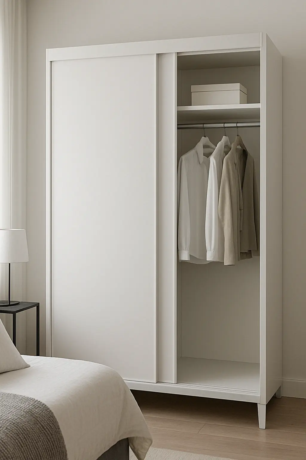 Modern white wardrobe with one sliding door open, showing hanging clothes in a minimalist bedroom.