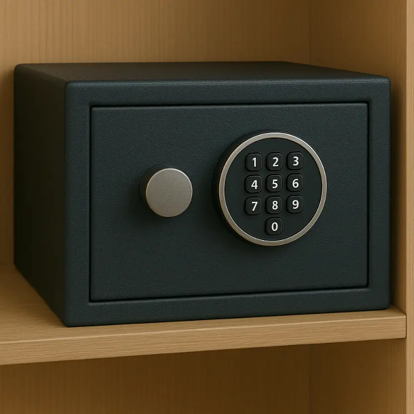 Compact electronic safe with keypad inside a wooden shelf.