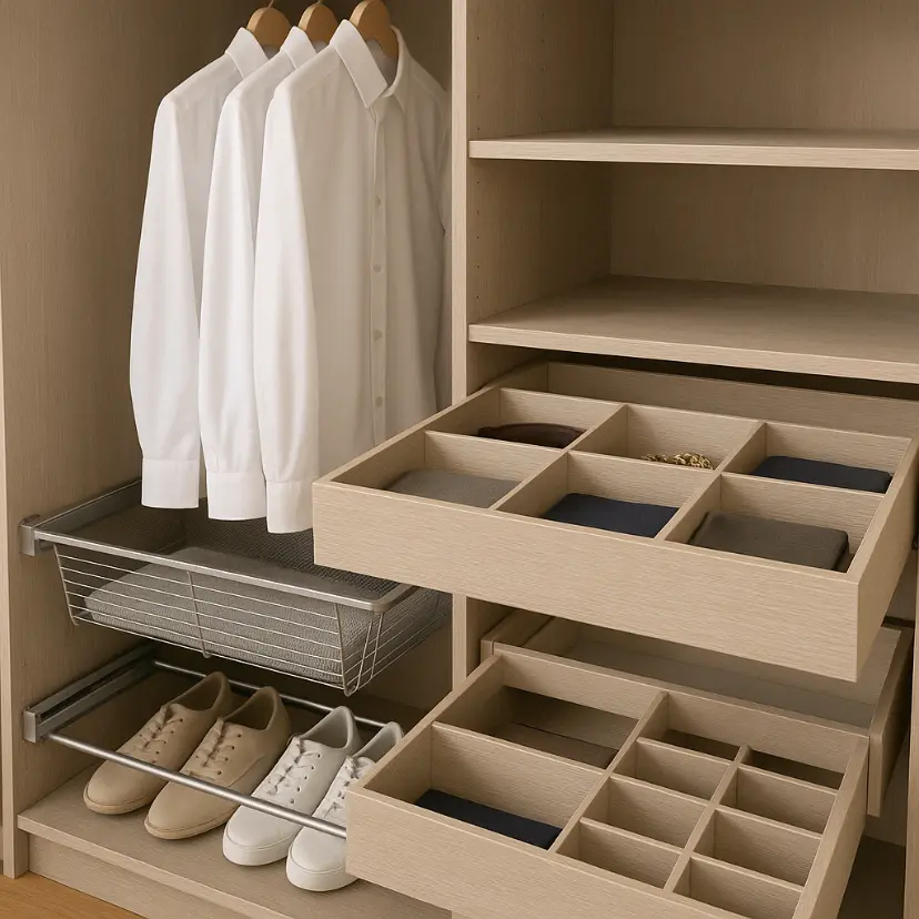 Close-up of open wardrobe with pull-out baskets, shoe rack, and divided drawers for accessories.