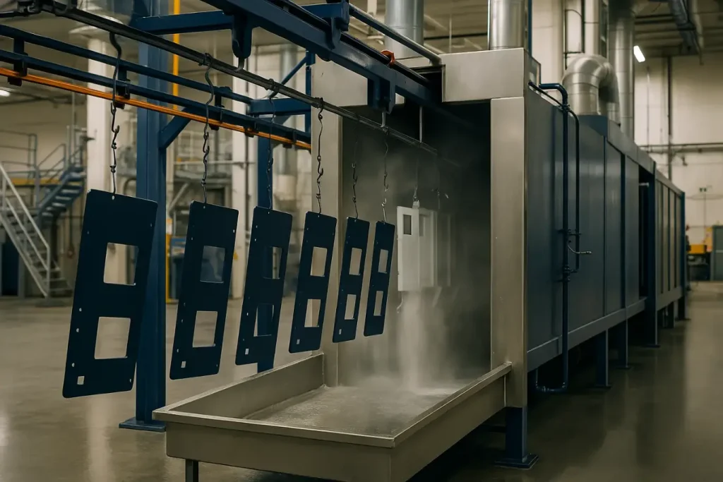 Industrial photo of metal parts entering a spray wash pretreatment tunnel before coating, a crucial step that can impact both the advantages and disadvantages of powder coating.