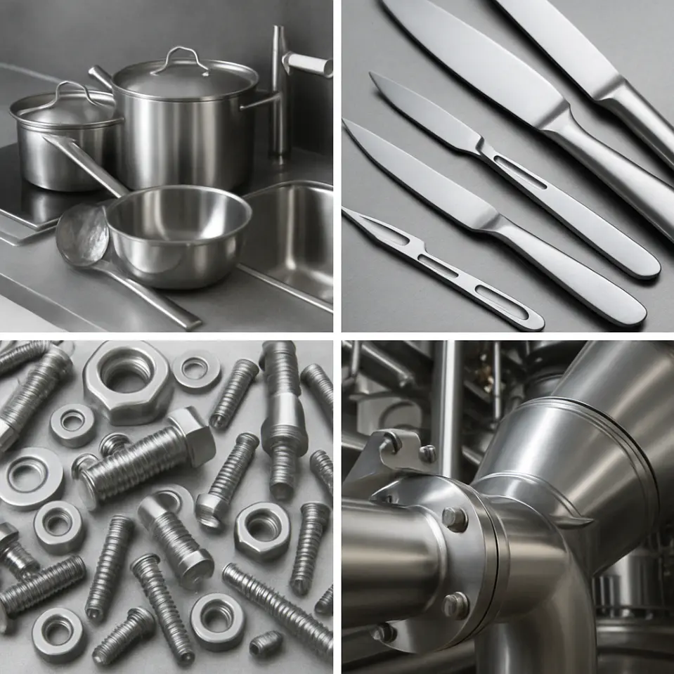 Four-image collage showing stainless steel kitchenware, precision tools, fasteners, and industrial piping with a shiny finish