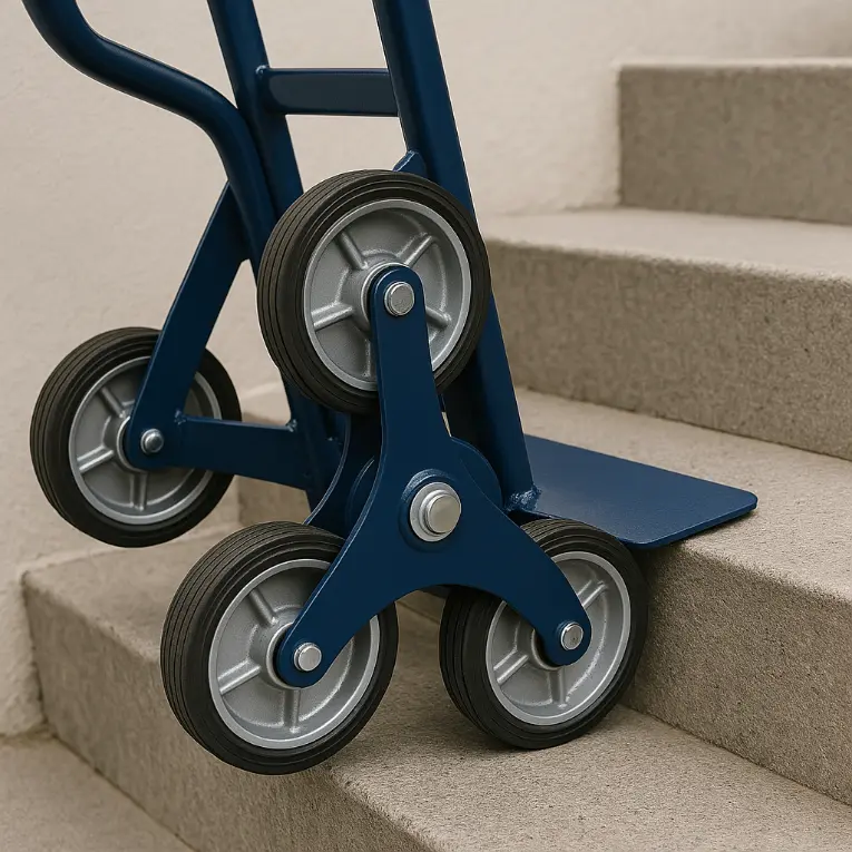 A close-up photo of a stair-climbing hand truck showing the rotating three-wheel mechanism engaged with concrete steps.