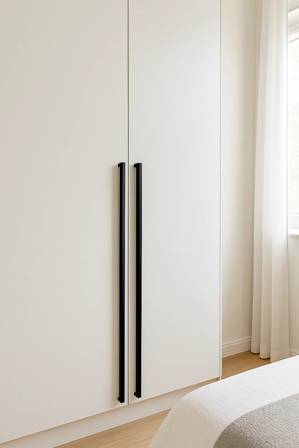 Close-up of white wardrobe with sleek black vertical handles in a modern bedroom