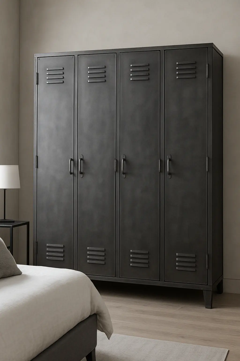 Industrial cupboard with locker-style dark metal doors and ventilation slots in an urban bedroom.