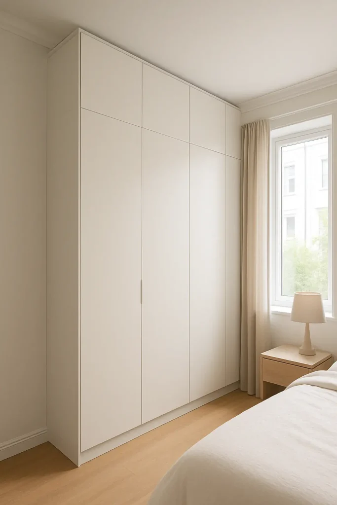 Floor-to-ceiling white wardrobe in a bright bedroom, maximizing vertical storage with a seamless look.