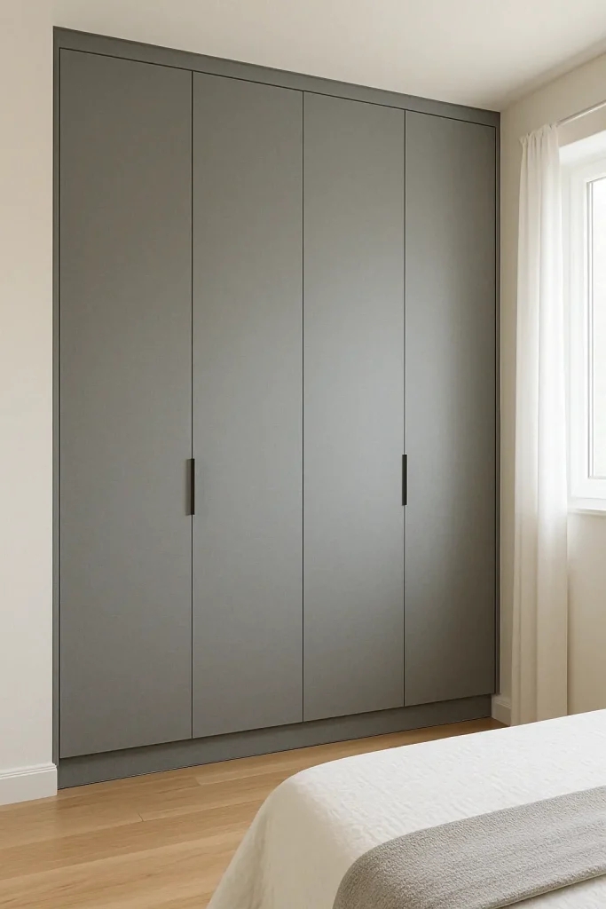 Contemporary grey wardrobe with subtle texture and minimalist handles in a bright modern bedroom.