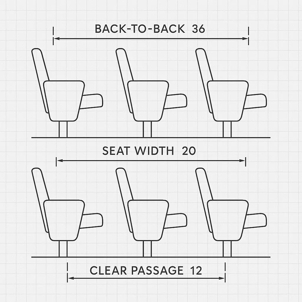 Simple technical diagram showing row spacing, seat width, and front clearance in a theater setting.