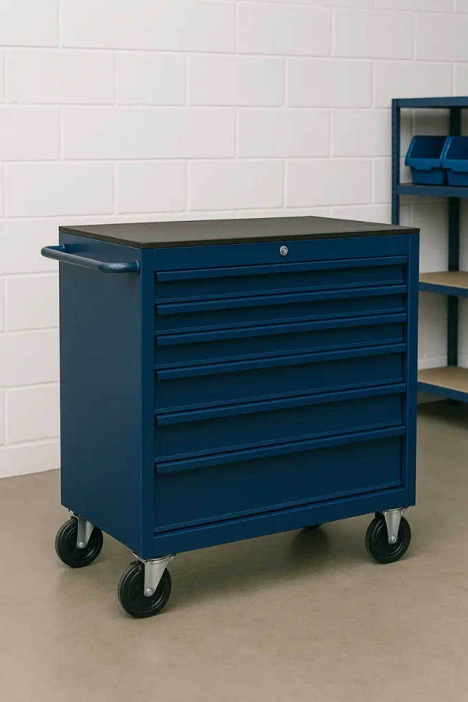 A heavy-duty mobile tool trolley with multiple lockable drawers and a flat top surface, parked in a clean workshop or garage environment.