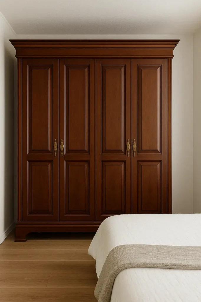 Elegant dark wood armoire with raised panel doors and antique brass handles in a classic bedroom setting.