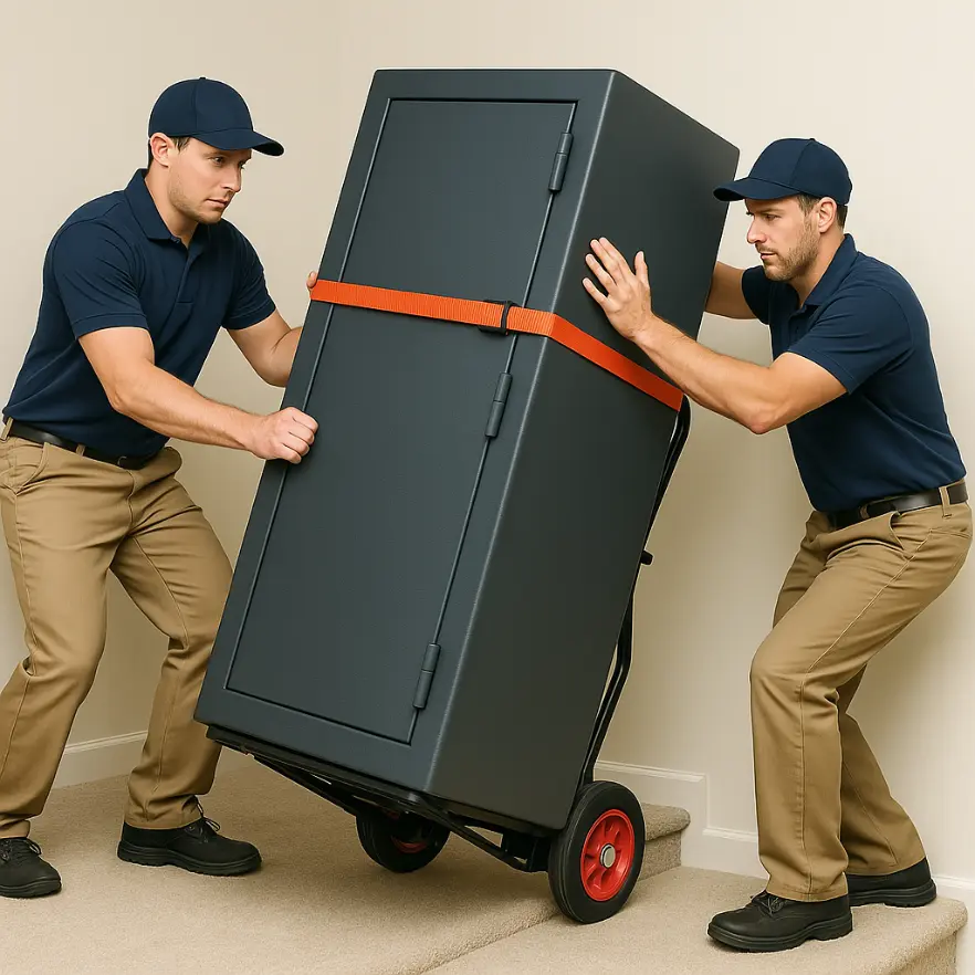 Two professionals are moving a heavy gun safe