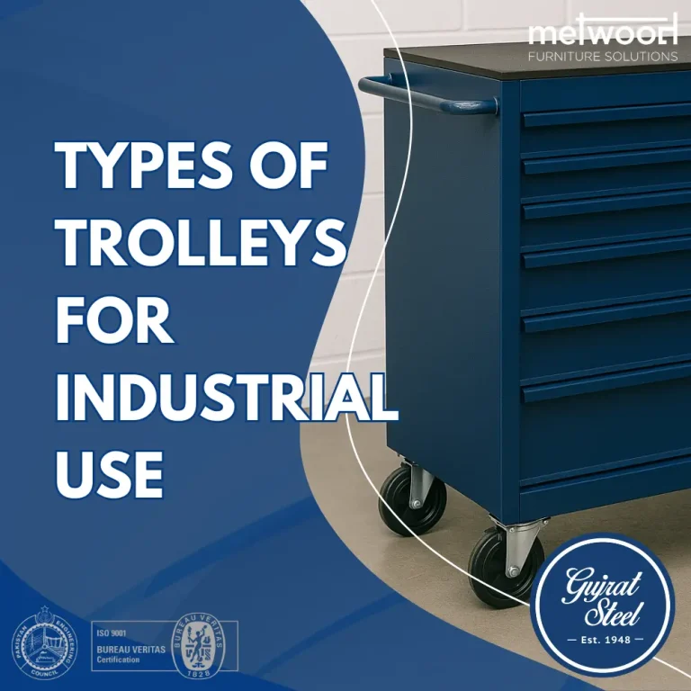 Graphic featuring a blue industrial tool trolley with the text "Types of Trolleys for Industrial Use" by Gujrat Steel.