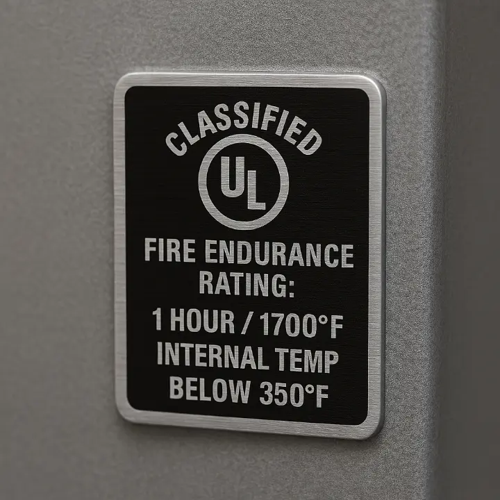 Close-up of a UL label showing 1-hour fire endurance and internal temperature limits.