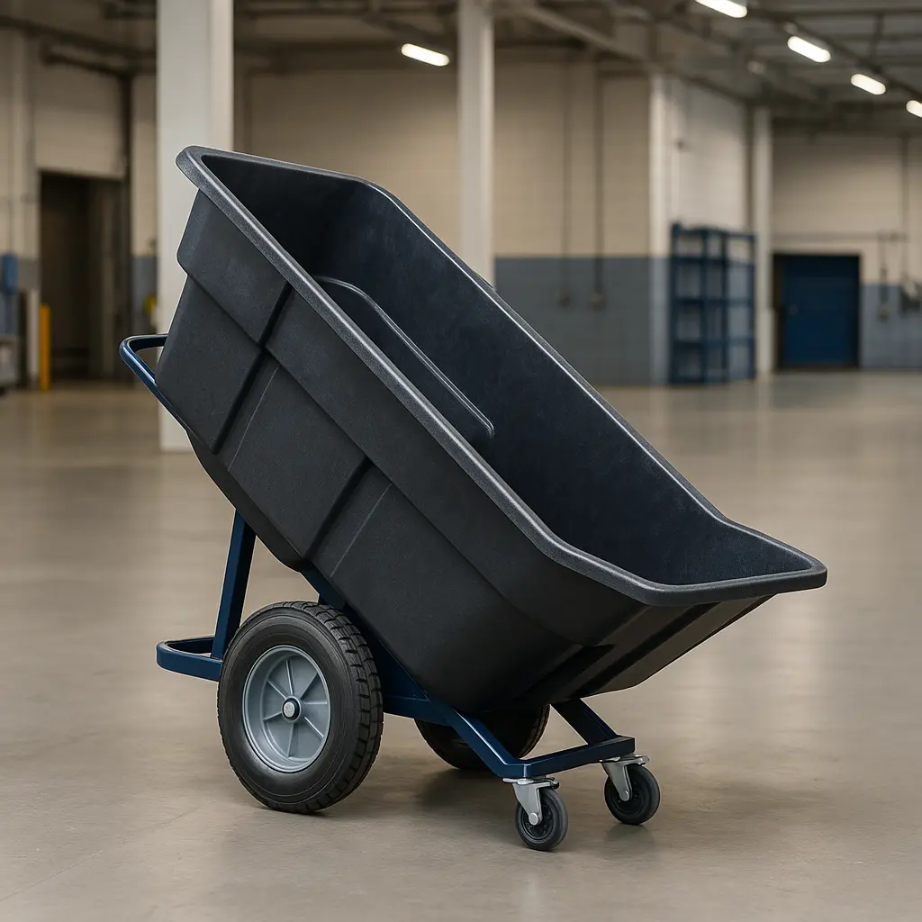 A large, heavy-duty plastic tilt truck shown partially tilted as if emptying contents, placed in an industrial setting like a factory floor.
