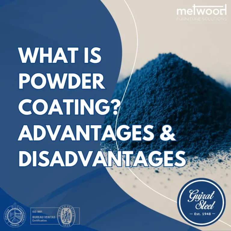Title image with bold text "What Is Powder Coating? Advantages & Disadvantages" overlaid on a close-up of blue powder, highlighting both the advantages and disadvantages of powder coating
