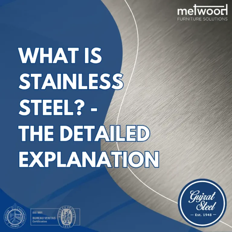 Graphic with the text "What is Stainless Steel? – The Detailed Explanation" over a background of brushed steel texture, created by Gujrat Steel and Metwood Furniture Solutions.