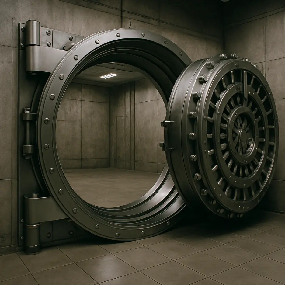 Interior of a large circular bank vault door in an industrial setting