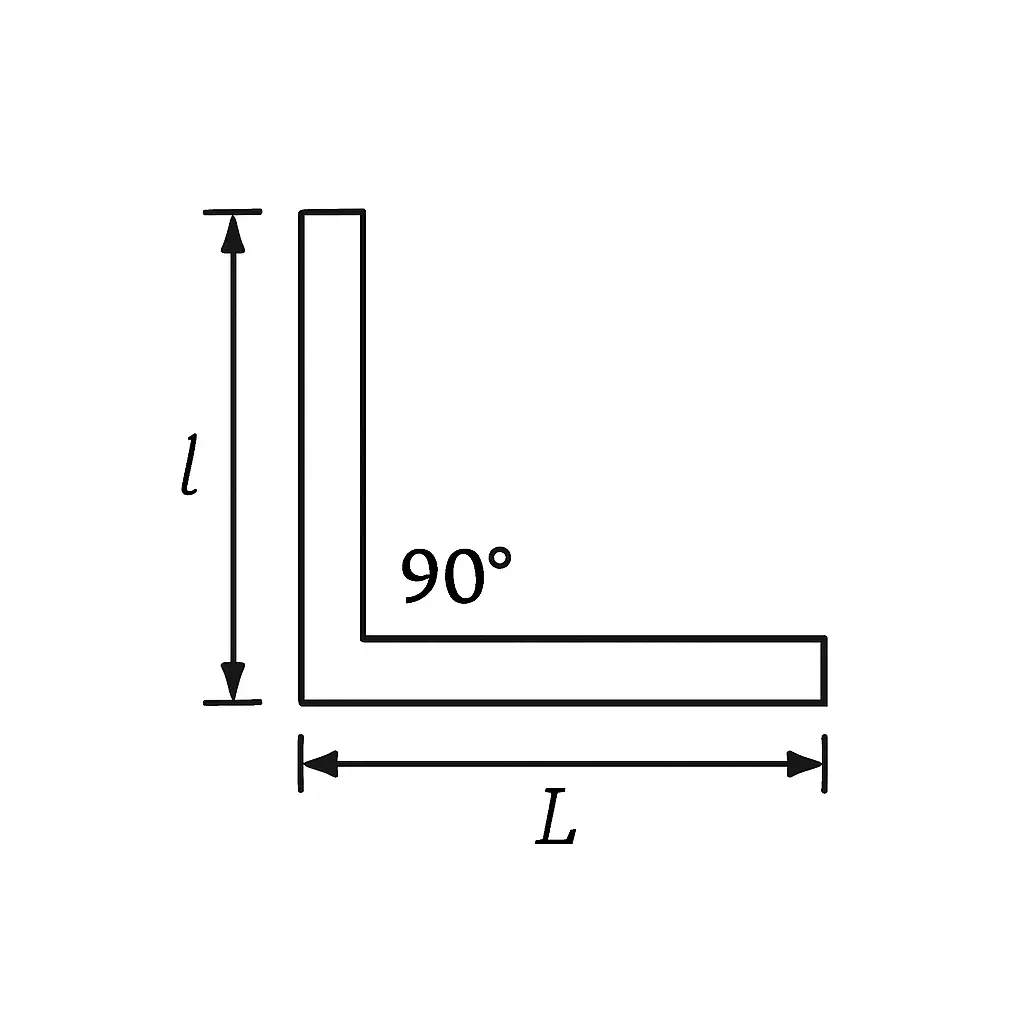 A black and white technical drawing of an L-shaped angle iron cross-section with both legs equal in length. One leg is labeled 'L' and the metal thickness is labeled 't', with a 90-degree angle clearly shown, all on a white background.