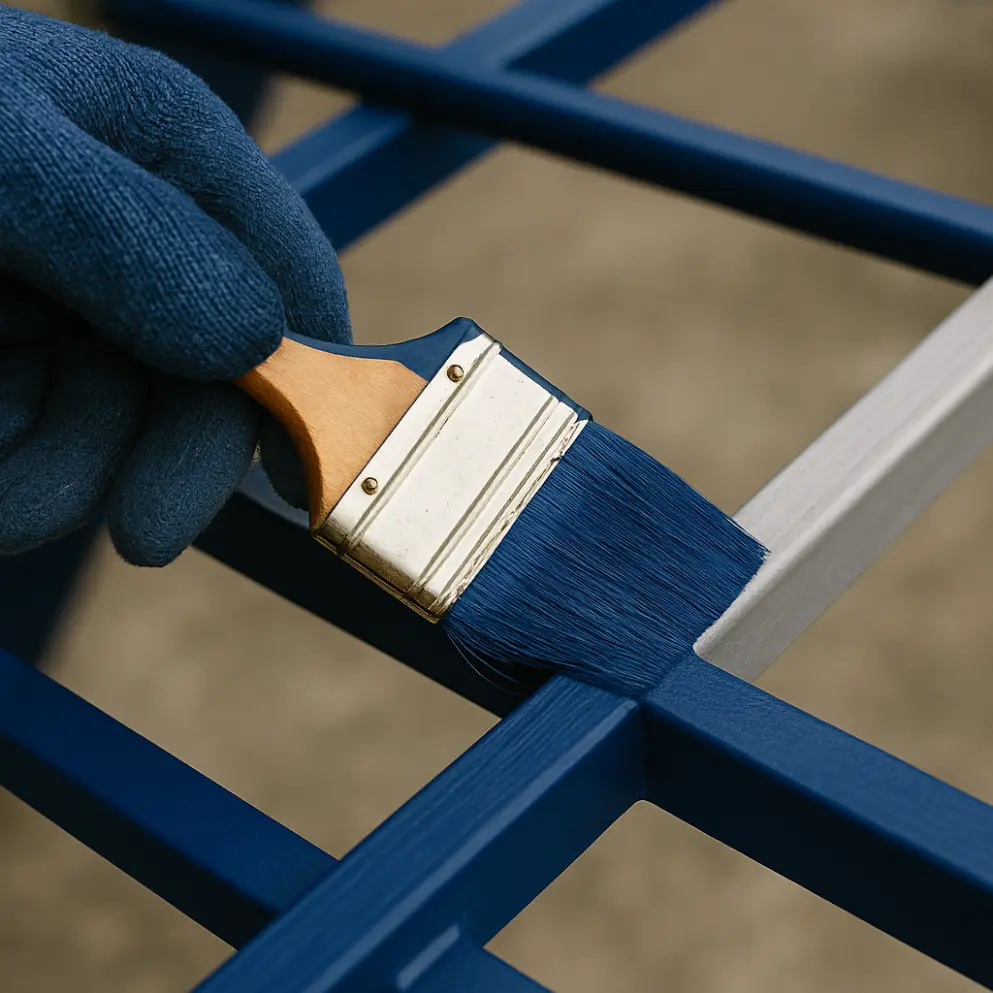 Close-up photograph of a hand wearing a glove carefully applying a smooth coat of deep blue metal primer with a paintbrush onto a clean steel railing, focusing on the application process.