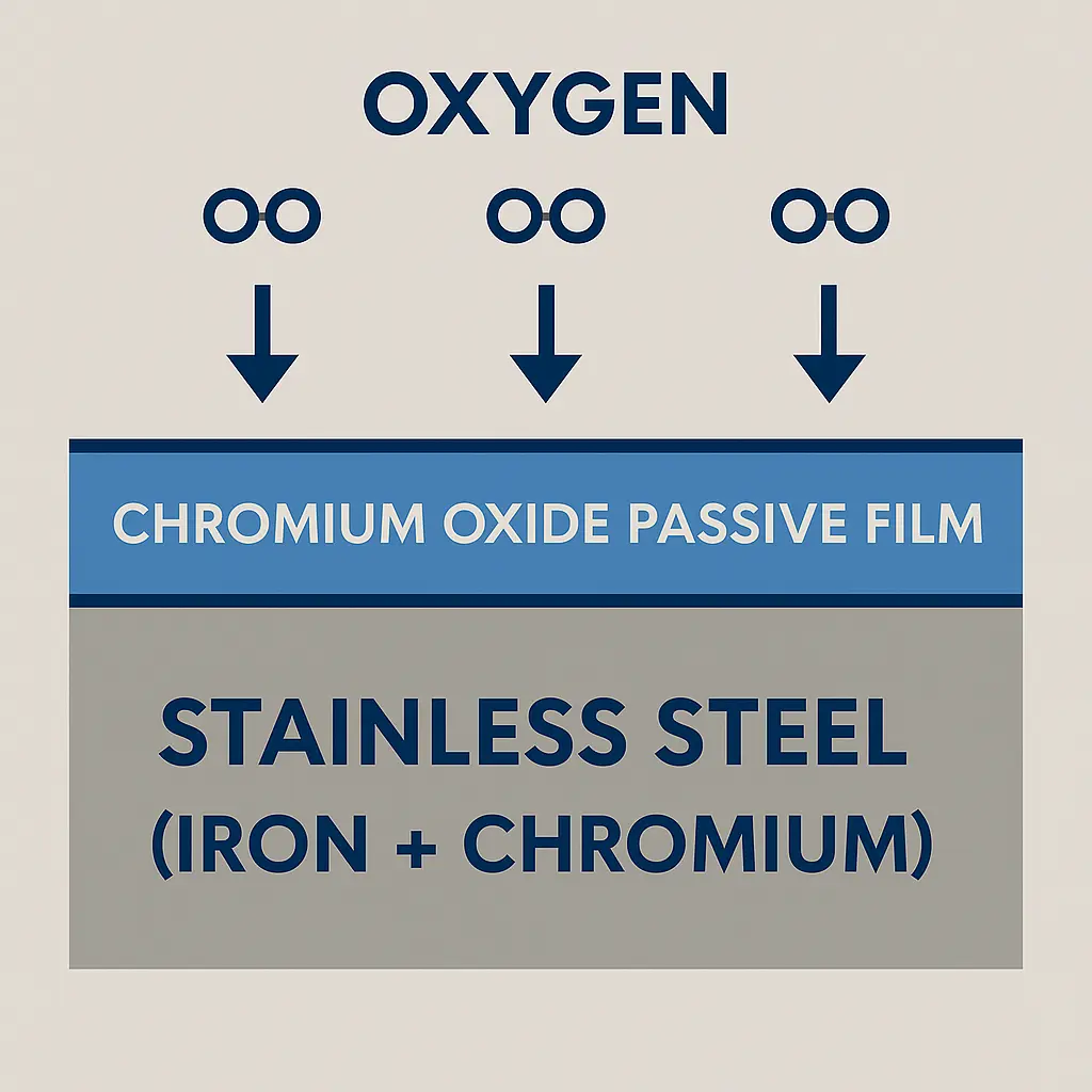 Scientific diagram illustrating stainless steel passivation with a chromium oxide film forming above a metal surface due to oxygen exposure.