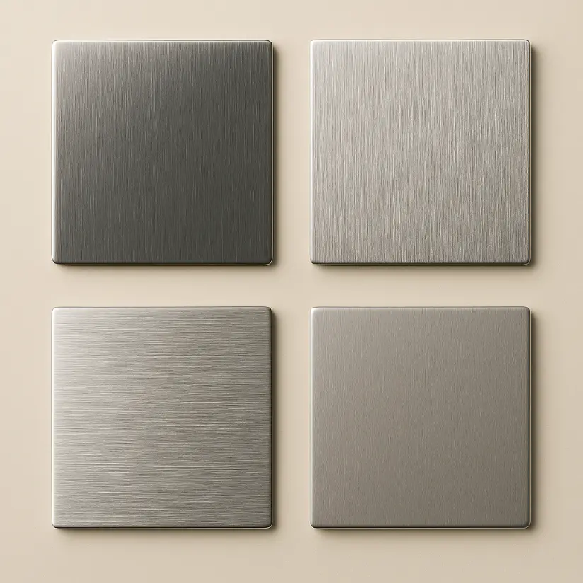 Studio photograph of square stainless steel samples showing different finishes like brushed, polished, and matte, neatly arranged on a neutral background.
