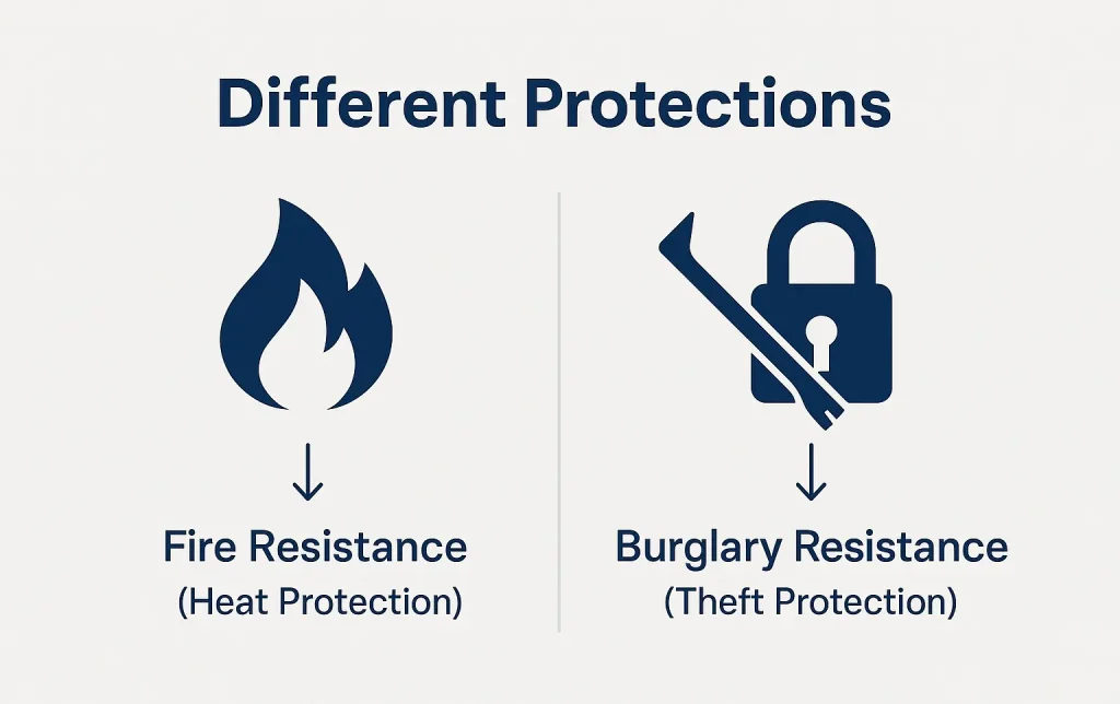 Comparison graphic showing icons for fire resistance and burglary resistance.