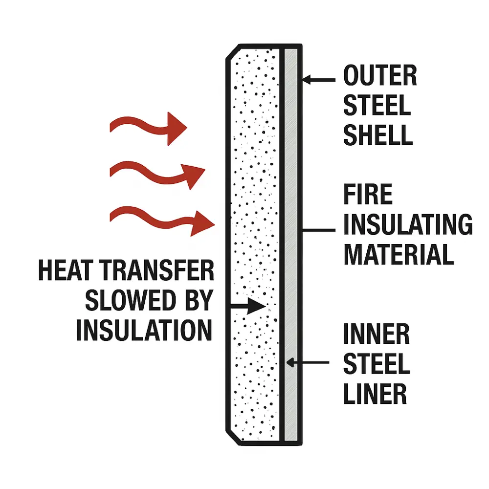 Cutaway illustration showing layers of steel and fire insulation in a safe door.