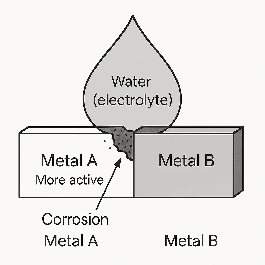 Simple diagram showing two metal blocks labeled 'Metal A' and 'Metal B' in a droplet of water, with corrosion forming on 'Metal A'. Visual explanation of galvanic corrosion.
