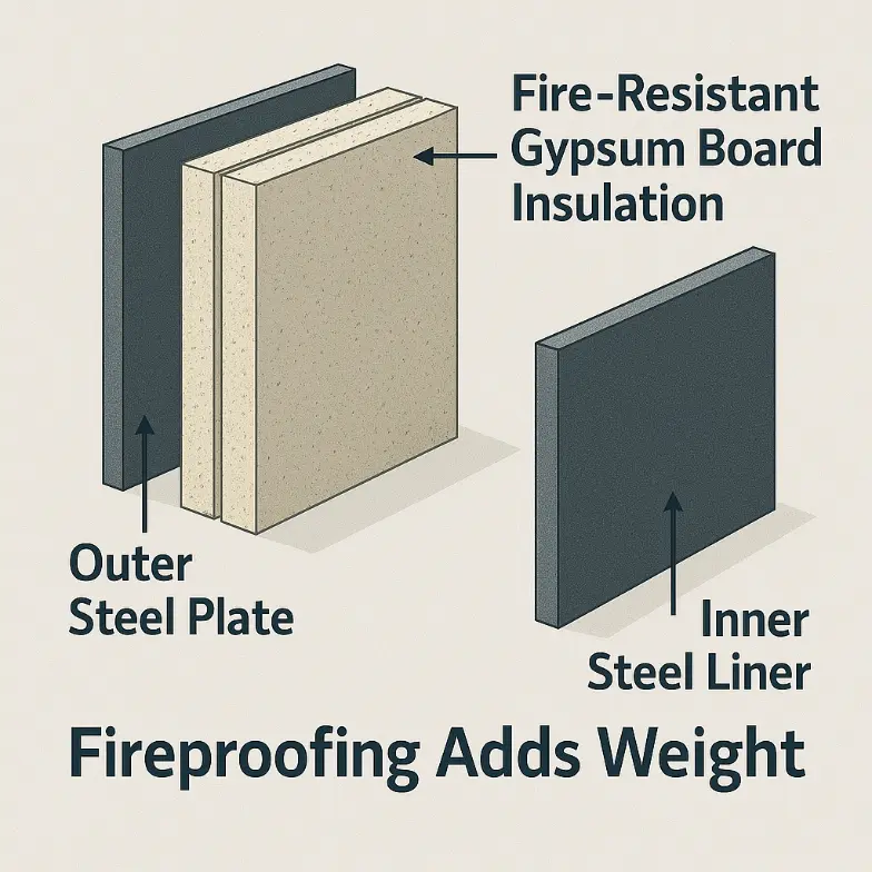 illustration showing the layered construction of a gun safe wall with the text 'fireproofing adds weight'
