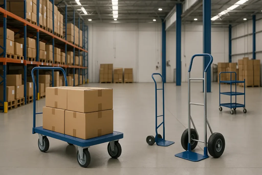 A spacious, well-lit warehouse with multiple types of industrial trolleys, including a platform trolley loaded with boxes, a hand truck, and a shelf trolley in the background.