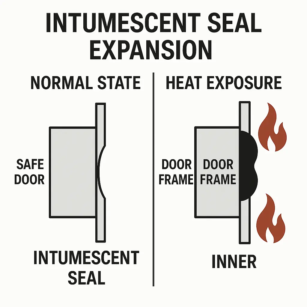 Diagram showing how an intumescent seal expands under heat exposure to block flames.