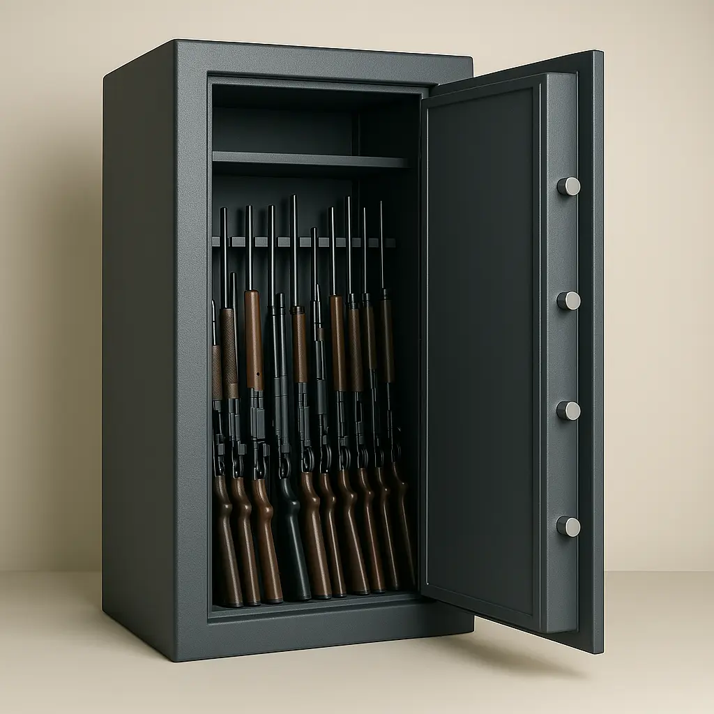 photograph of a large, heavy-duty gun safe with its thick opened door