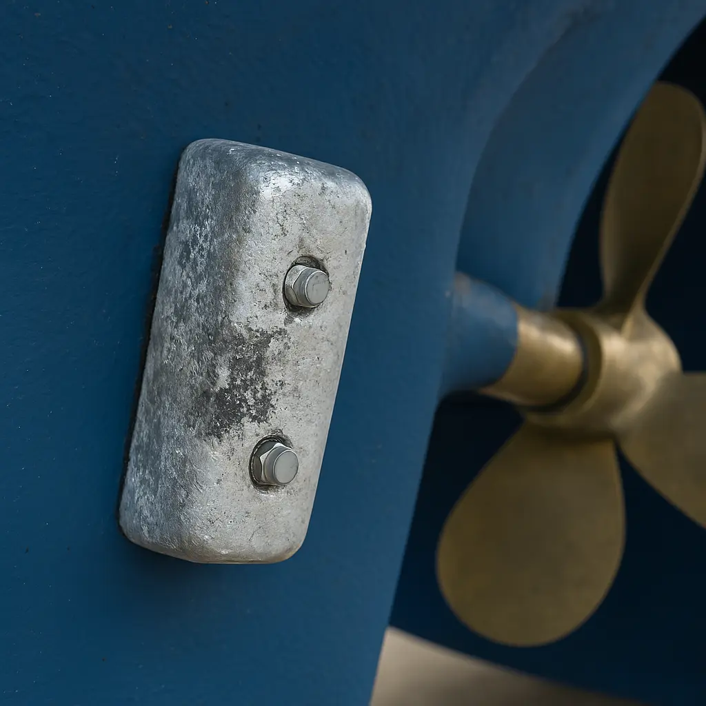 Close-up photo of a worn zinc sacrificial anode bolted onto the underwater hull of a boat near the propeller shaft, showing corrosion and its protective function.