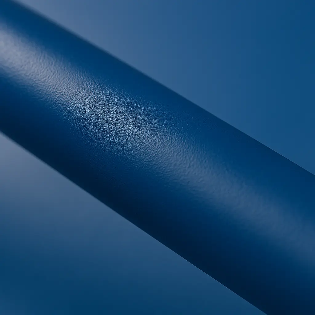 Macro photograph showing a flawless, smooth, powder-coated blue metal tube with even lighting, emphasizing the uniform and durable finish.