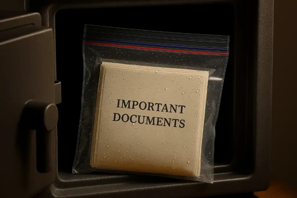 Waterproof bag with important documents placed inside an open fire-resistant safe.