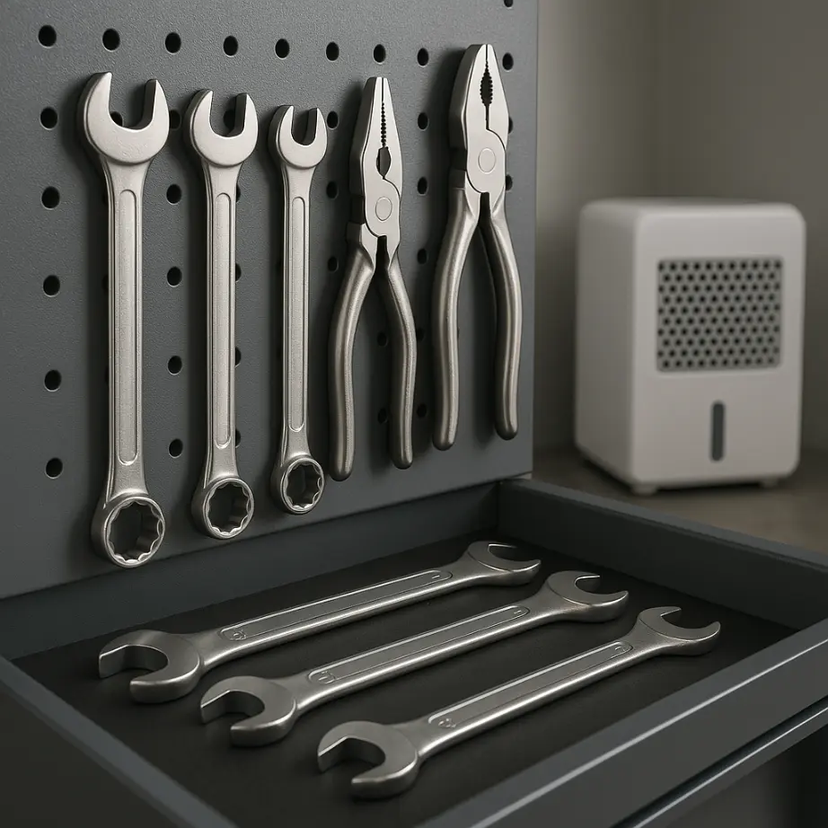 Photograph of a tidy workshop wall with hand tools like wrenches and pliers hanging on a pegboard, a drawer beneath, and a small dehumidifier in the background.
