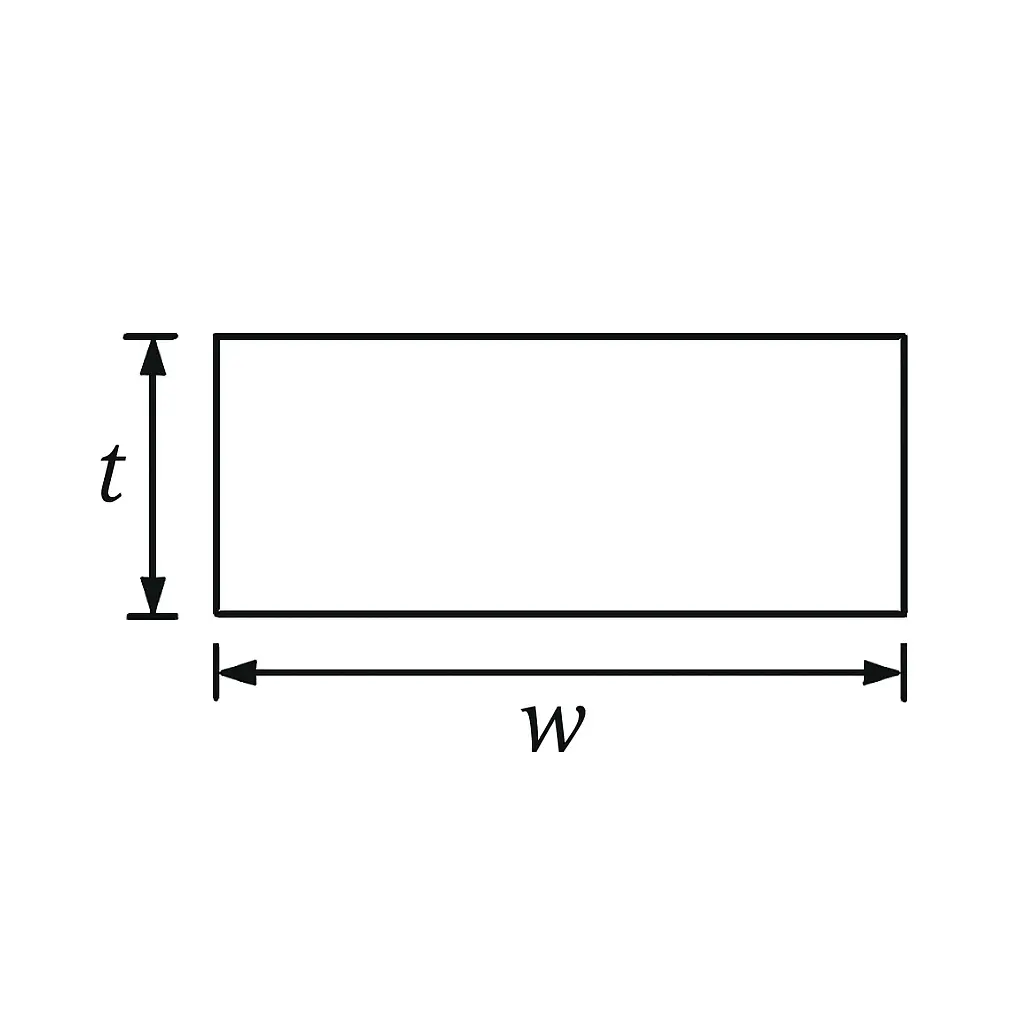 A simple black and white technical drawing of a rectangle representing a flat bar, with the longer side labeled 'w' for width and the shorter side labeled 't' for thickness using dimension lines and arrows, on a plain white background.