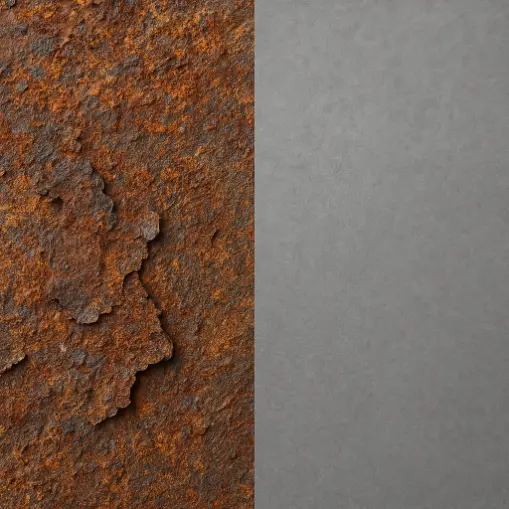 A split-panel image showing a heavily rusted, flaky piece of carbon steel on the left and a clean, smooth, rust-free steel surface on the right. Clear contrast highlights the effects of corrosion.