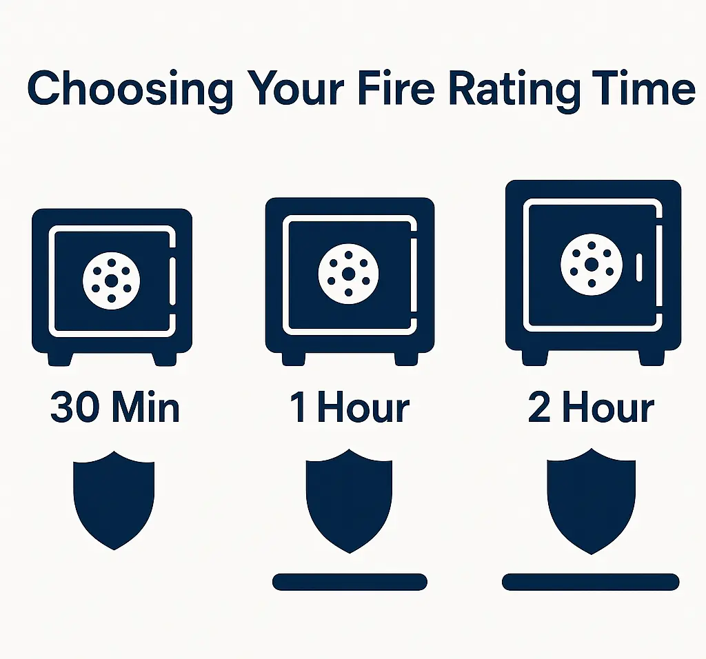 Visual chart comparing fire protection durations: 30 minutes, 1 hour, and 2 hours with shield icons.