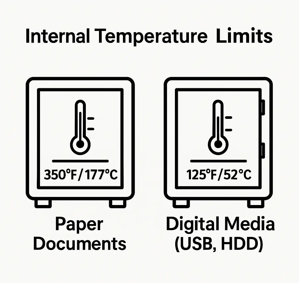 Infographic comparing internal temperature limits of safes for paper documents and digital media.
