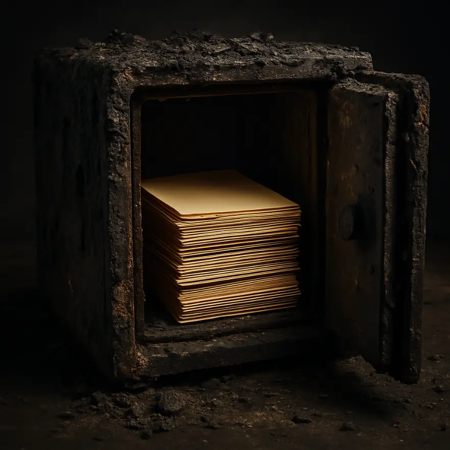 Charred safe opened to reveal intact documents after fire exposure.