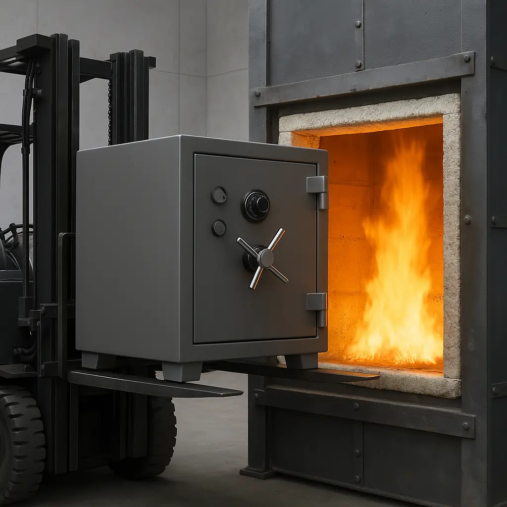 A gray safe being tested in a furnace with bright flames visible inside.