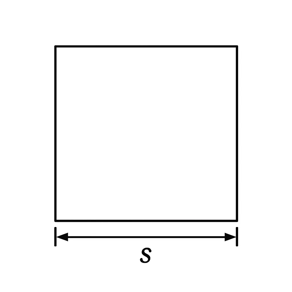 A clean black and white technical drawing of a perfect square with one side labeled 's' for side length, marked with dimension lines and arrows, on a white background.