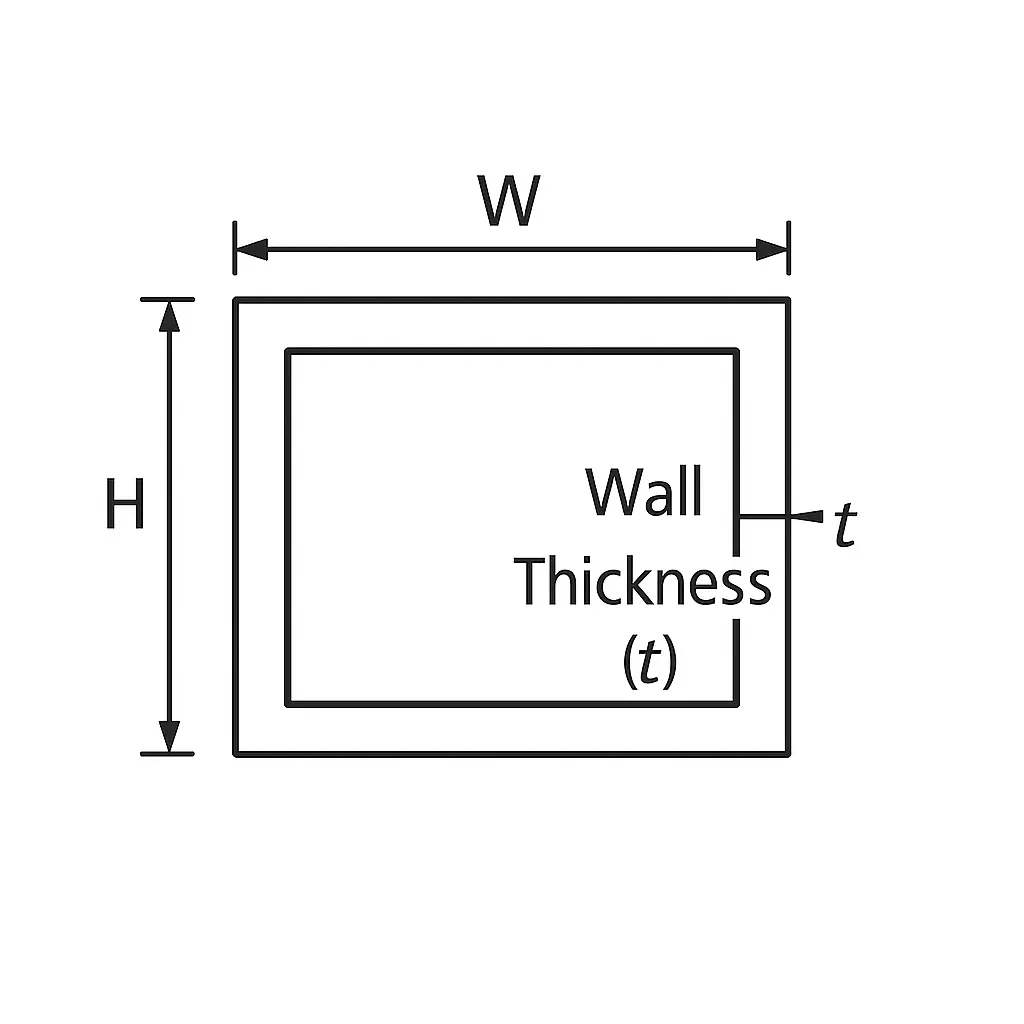 A black and white technical line drawing of a rectangular steel tube cross-section with two concentric rectangles. The outer width is labeled 'W', the height is labeled 'H', and the wall thickness is labeled 't', all marked with dimension lines on a plain white background.